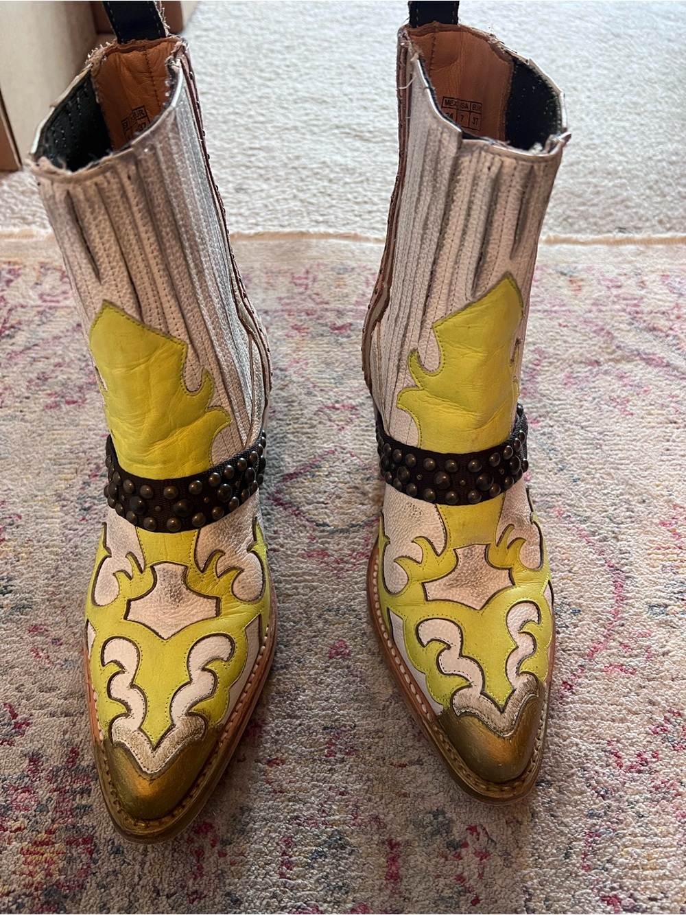 Mezcalero Women's neon Yellow and Cream Western Ankle Boots with Studded Strap